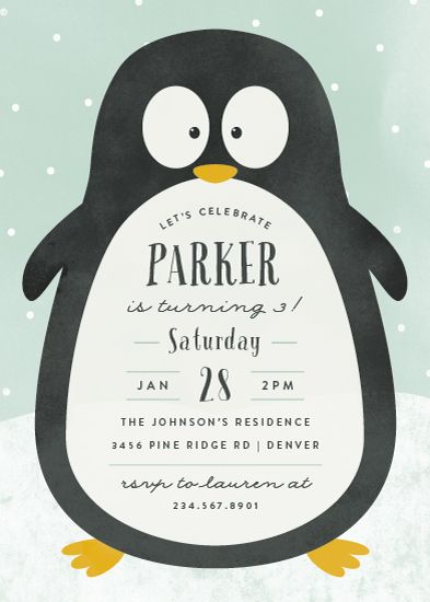 birthday party invitations - Penguin Party by peony papeterie                                                                                                                                                                                 More Penguin Birthday Party, Penguin Baby Showers, Penguin Birthday, Penguin Party, Birthday Party Stickers, Party Favors For Kids Birthday, Fun Birthday Party, Party Invitations Kids, Winter Birthday