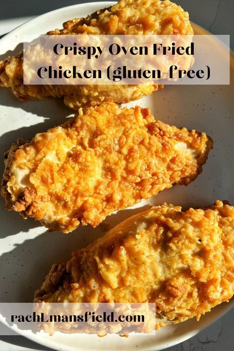 A great gluten-free and dairy-free Oven Fried crispy Chicken Gluten Dairy And Nut Free Recipes, Crispy Chicken Gluten Free, Gluten Free Oven Fried Chicken, Keto Oven Fried Chicken, Gluten Free Breaded Chicken, Baked Fried Chicken Breast, Rachlmansfield Recipes, Gluten Free Baked Chicken, Oven Baked Fried Chicken