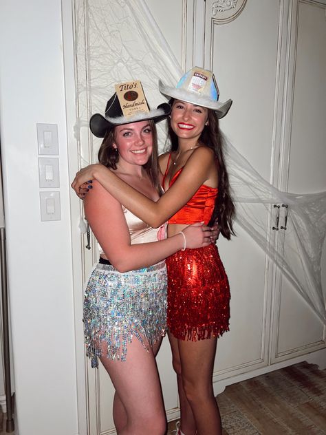 Halloween costumes titos and smirnoff vodka cowboy hats college Drink Costumes Halloween, Cowboy Hat Costume, Smirnoff Costume, Alcholic Halloween Costumes, Smirnoff Halloween Costume, Titos Vodka Halloween Costume, Dressing Up As Alcohol Costume, Halloween Costumes Alc, Liquor Cowgirl Costume