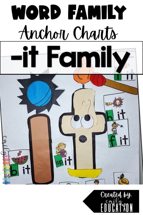 Adorable short i vowel practice with this interactive anchor chart when teaching the word family -it. Students turn the i into an i that gets hit, and a t that is lit! You then put together word cards and add them to the chart. Also comes with cards for students to add their own drawings. They then get to make their own it family craft in student size with a writing practice activity with multiple options for writing the -it words (trace, blank, just write the first letter). Family Anchor Chart, It Word Family, Interactive Anchor Charts, Vowel Practice, Kindergarten Word Families, Cards For Students, Kindergarten Anchor Charts, Student Crafts, Word Family