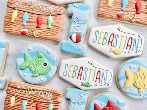 O Fish Ally One Cookies, O Fish Ally One Birthday Cookies, Oh Fishally One Birthday Cookies, Ofishally One Birthday Cookies, One Birthday Cookies, Fish Sugar Cookies, Baby Birthday Party Theme, First Birthday Cookies, Fish Cookies