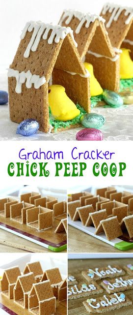 Cute Easter Peep Graham Cracker Coop House Gram Cracker House, Peeps Graham Cracker House, Easter Desserts Pie Graham Crackers, Easter Graham Cracker House, Graham Cracker Easter Bunny House, Peep Houses Easter, Easter Peeps House, Classroom Recipes, Easter Brunch Decorations