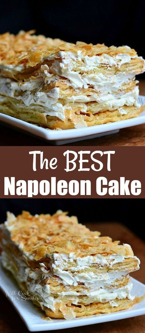 Classic Napoleon Dessert, Russian Napoleon Cake Recipes, French Napoleon Dessert, Napoleon Dessert Recipe, Napolean Puff Pastry Recipe, Easy Napoleon Dessert, Nepolian Cake, Napoleon Cake Recipe, Napoleon Pastry