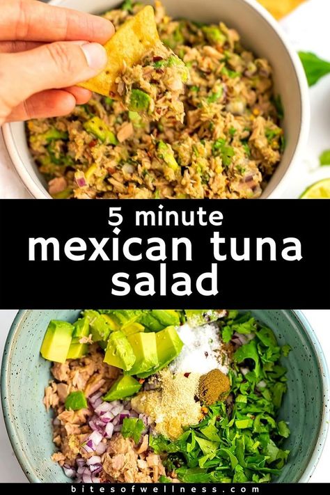 Ingredients to make Mexican Tuna Salad in a blue bowl Mexican Tuna Salad Recipe, Mexican Tuna Salad, Mexican Tuna, Easy Whole30 Recipes, Healthy Tuna Salad, Avocado Tuna Salad, Mexican Salads, Easy Whole 30 Recipes, Healthy Tuna