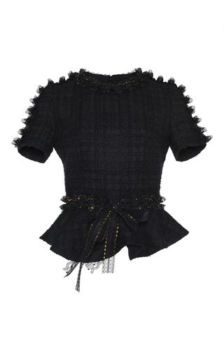 Tweed Top Outfit, Sunday Dress Mizo, Sunday Dresses, Tweed Fashion, Fashion Work Outfit, Huishan Zhang, Black Ruffle Top, Black Peplum Top, Diva Dress