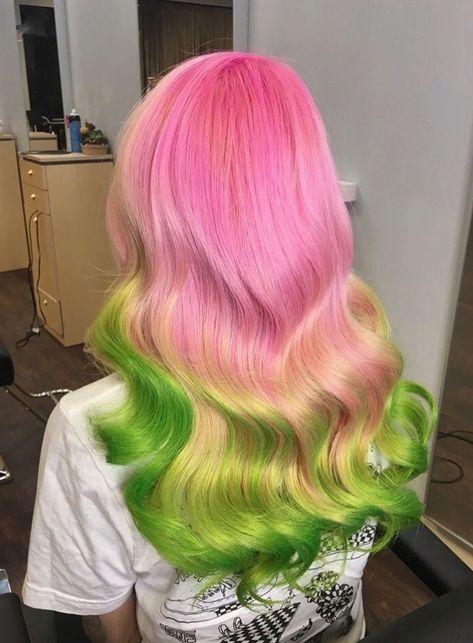 Strawberry Matcha Hair, Mitsuri Inspired Hair, Mitsuri Hair Color, Watermelon Hair Color, Mitsuri Hair Dye, Mitsuri Nails, Mitsuri Hair, Pink And Yellow Hair, Pink And Green Hair