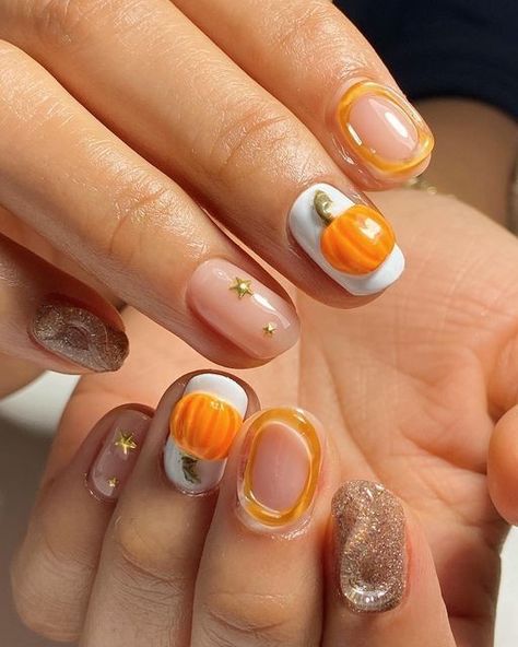 3d Pumpkin Nail Art, Fun October Nails, Fall 3d Nail Art, 3d Pumpkin Nails, Psl Nails, Nails Pumpkin Design, Pumpkin Nails Designs, Fall And Halloween Nails, Halloween Nails 3d