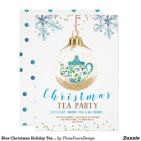 Blue Christmas Holiday Tea Party Invitation Tea Party Watercolor, Holiday Tea Party, Christmas Tea Party, Holiday Tea, Tea Party Invitations, Glitter Invitations, Holiday Party Invitations, Holiday Invitations, Christmas Invitations