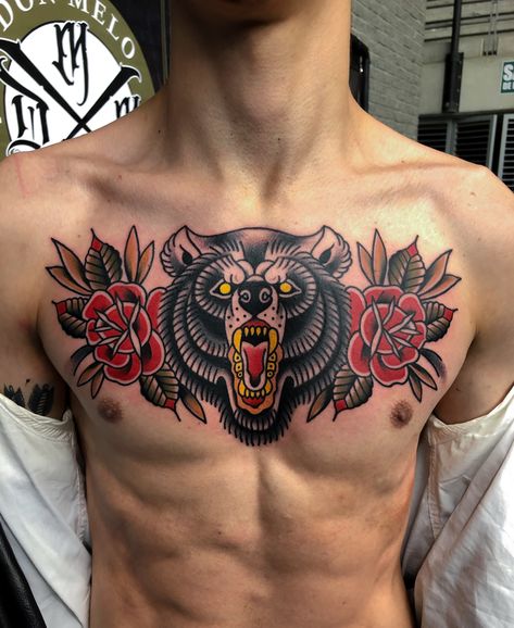 Traditional Bear Tattoo, Traditional Back Tattoo, Traditional Chest Tattoo, Traditional Tattoo Man, Eye Tattoos, Hipster Tattoo, Traditional Tattoo Inspiration, Traditional Style Tattoo, Torso Tattoos