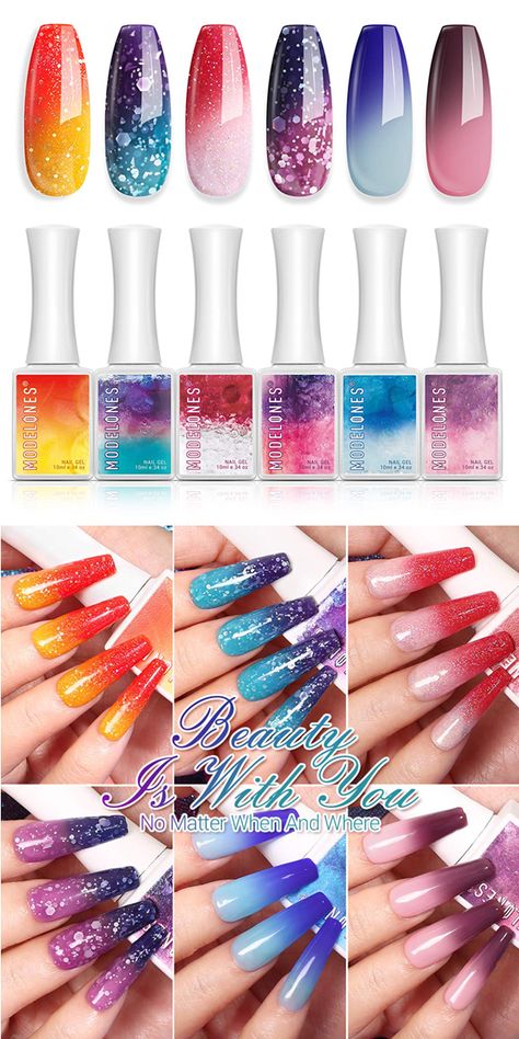 Colour Change Nails, Mood Nails Gel, Mood Changing Nail Polish Gel, Mood Change Nails Gel Polish, Color Changing Nails Designs, Mood Color Nails, Mood Nail Polish Gel, Temperature Nails, Nude Color Nail Art