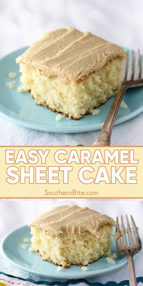 Classic Caramel Cake can be a little intimidating but this easy sheet cake recipe combines a scratch-made yellow cake and easy caramel icing and will have you enjoying this delicious treat in no time! Easy Caramel Cake Simple, Sheet Cakes Recipes, Easy Caramel Icing, Easy Sheet Cake Recipes, Easy Caramel Cake, Caramel Sheet Cake, Yellow Sheet Cake Recipe, Caramel Cake Icing, Simple Sheet Cake