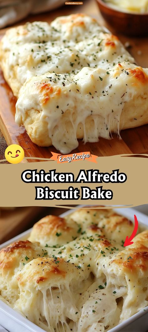 Indulge in the comforting layers of Chicken Alfredo Biscuit Bake. This casserole combines creamy Alfredo sauce, tender chicken, and cheesy biscuits that rise to golden perfection. It's a hearty and delicious twist on classic flavors, ideal for a cozy family meal. #ChickenAlfredo #BiscuitBake #ComfortFood Skillet Chicken And Biscuits, Cheesy Alfredo Pasta Bake, Cheesy Chicken Biscuit Casserole, Chicken Alfredo Monkey Bread, Dinners With Biscuits, Easy Dinners With Chicken, Dinner With Biscuits, Alfredo Casserole Recipes, Take And Bake Meals