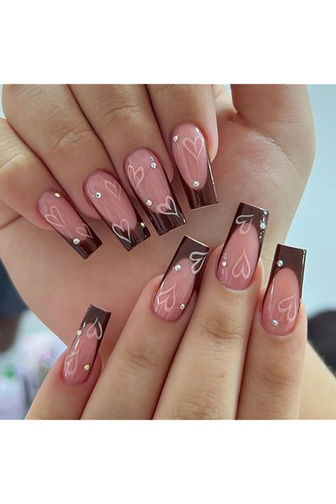 French Tip Press on Nails with Heart Designs 24Pcs Glossy Brown Medium Square False Nails Reusable Full Cover Artificial Coffin Fake Nails with Glue Acrylic False Fingernails with Charm for Women Valentin�’s Day Nails, Cute Nails Square Medium, 30 Birthday Nails, Medium Square Nails Designs, Nail Designs Medium Length, Pink Square Acrylic Nails, Brown And Pink Nails, Pink And Brown Nails, Nails Square Medium