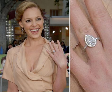 Katherine Heigl wears a three-carat pear-shaped diamond that was designed by Ryan Ryan and given to her by Josh Kelley in June 2006. It incorporates a stone from her mother's engagement ring. Celebrity Rings, Engagement Ring Pictures, Katherine Heigl, Celebrity Jewelry, Engagement Celebration, Celebrity Engagement Rings, Engagement Ring Shapes, Princess Cut Engagement Rings, Beautiful Engagement Rings