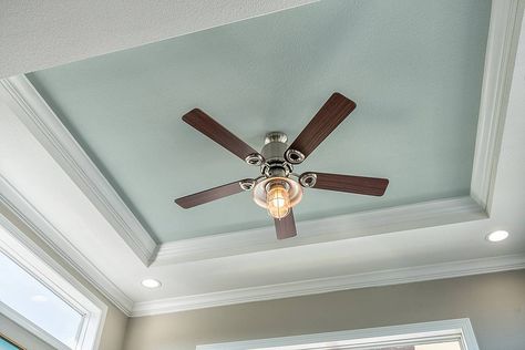 Recessed Ceiling Ideas, Tray Ceiling Paint Ideas, Tray Ceiling Paint, Tray Ceiling Bedroom, Tray Ceiling Ideas, Ceiling Fan Makeover, Trey Ceiling, Park Model Homes, Blue Ceilings