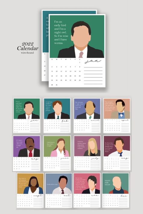 T he Office themed 2022 calendar, packed with funny quotes, makes for a perfect Christmas gift for any fan. It is sized at 8.5 x 11 inches and is printed on premium fine art matte paper with archival pigment using an inkjet printer. It is available in either wire-binding along the top edge, or as loose pages. If you choose the loose pages, I typically suggest choosing a clipboard to hang the calendar. Once the year is over, you can cut out the graphics and frame them for yourself or give them The Office Characters, Office Calendar, Boss Humor, His Office, Office Tv Show, Office Tv, Office Themes, Annual Calendar, Wire Binding