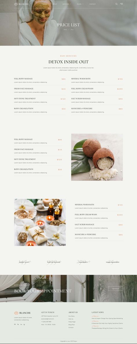 Blanche - Spa & Wellness Elementor Template Kit Spa Menu Design, Menu Spa, Spa Menu, Menu Layout, Spa Wellness, Homepage Design, Ad Template, Spa Design, Wellness Spa