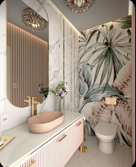 Peach And Gold Bathroom, Bold Bathroom Design, Bali Bathroom Ideas, Colourful Bathroom Ideas, Bathroom Ideas With Bathtub, Bathroom Inspo Interior Design, Green Bathroom Ideas, Toilet And Bathroom Design, Ideas For Small Bathrooms