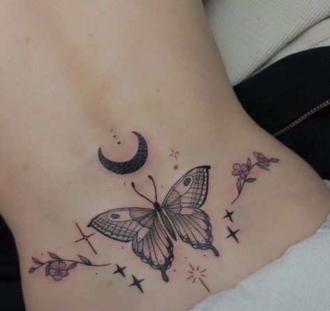 Spiritual Lower Back Tattoo, Stamp Tramp Tattoo Lower Backs, Lower Back Moon Tattoo, Lower Back Butterfly Tattoos For Women, Butterfly On A Flower Tattoo, Butterfly Sternum Tattoo Women, Tramp Stamps Lower Backs, Cute Lower Back Tattoos, Stomach Butterfly Tattoo