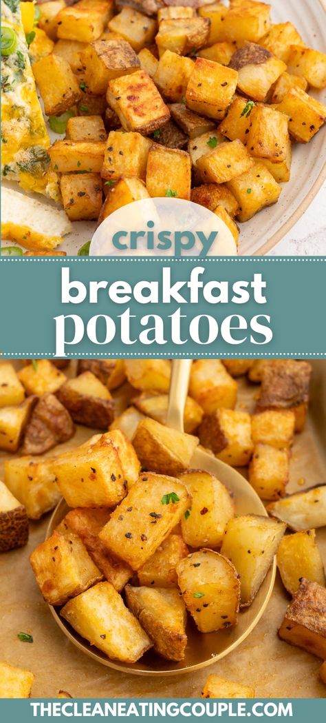 The Best Crispy Breakfast Potatoes! These crunchy potatoes go with any breakfast and are easy to make in the oven with only 7 ingredients. They are the best easy breakfast side dish! Fried Potatoes For Breakfast, Breakfast Potato Wedges, Potatoes For Breakfast Burritos, Potato Recipe For Breakfast, Cast Iron Breakfast Potatoes, Christmas Brunch Potato Recipes, Potato’s For Breakfast, Roasted Hashbrown Potatoes, Breakfast Potatoes Russet