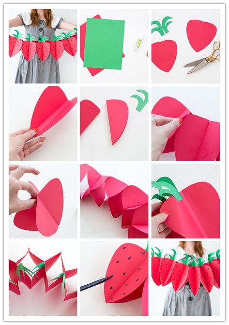 DIY Foldable Paper Strawberry Garland – diy painting Strawberry Garland Diy, Strawberry Centerpiece Ideas Diy, Berry 1st Birthday Party Decorations Diy, Diy Strawberry Birthday Decor, Diy Berry First Birthday, Diy Berry First Birthday Decorations, Strawberry Themed 1st Birthday, Strawberry Garland, Paper Strawberry