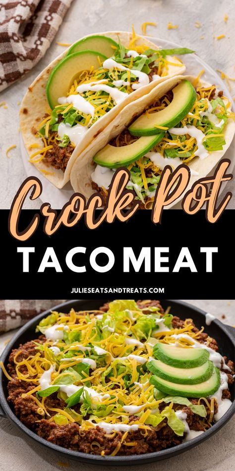 Unlock a world of flavor with Crock Pot Taco Meat! This slow cooker recipe transforms ground beef into a delicious and versatile topping. With just a few ingredients, you'll have taco meat perfect for tacos, salads, nachos, or anything your heart desires. Make dinner a breeze and get creative with this easy recipe! Crock Pot Taco Meat, Hamburger Crockpot Recipes, Crockpot Taco Meat, Crockpot Beef Tacos, Taco Recipes Ground Beef, Taco Meat Recipe, Ground Beef Crockpot Recipes, Crockpot Taco, Crockpot Meat