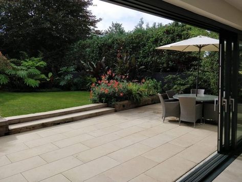 Porcelain Patio, Sleeper Wall, Sleeper Retaining Wall, Oak Sleepers, Resin Bound Driveways, Gardening Services, Brick Path, Back Garden Design, Sloped Garden