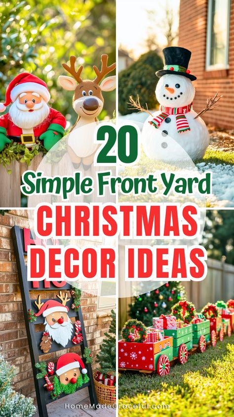 Discover 20 creative outdoor Christmas ideas to decorate your front yard with festive cheer. Use farmhouse-inspired lights, glowing tree ornaments, and DIY snowman figures to create a welcoming holiday vibe. Small touches like lollipop lights or candy cane pathways make even small yards shine. Whether it's a cozy cottage look or a modern twist, these Xmas decorations are easy to recreate and bring joy to your outdoor space. Clever Outdoor Christmas Decorations, Christmas Decor Ideas Outdoor Walkway, Outdoor Rustic Christmas Decorations, Easy Christmas Yard Decorations, Christmas Yard Displays Decorating Ideas, Diy Outdoor Wooden Christmas Decorations, Christmas Outdoor Diy Decorations, Christmas Yard Decor Ideas, Outdoor Xmas Decorations Front Yards