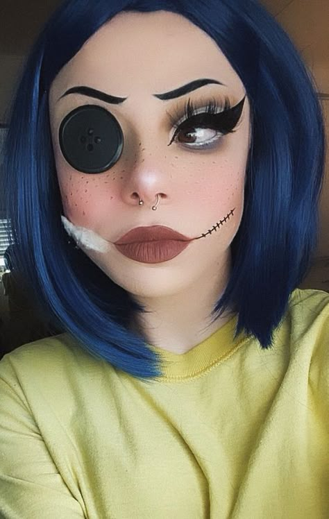 Black Man White Woman Halloween Costumes, Excorsist Costume Diy, Characters With Blue Hair Costume, Drusilla Cosplay, Gothic Costume Halloween Women, Coraline Inspired Makeup, Coraline Makeup Looks, Blue Hair Halloween Costumes Ideas, Disney Character Makeup Looks