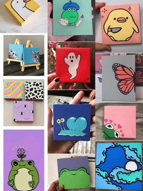 Painting Cute Aesthetic, Funny Mini Canvas Painting, Canvas Magnets Painted, Easy Mini Paintings, Small Canvas Art Simple, Ego Drawing, Canvas Doodles, Easy Mini Canvas Painting Ideas, Mini Canvas Art Easy Cute