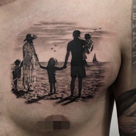 Family Design Tattoo, Family Tattoos For Men Chest, Family Photo Tattoo, Baby Tattoo For Dads, Tattoos For Dad, Child Tattoo, Father Son Tattoo, Tattoo Homme, Family Tattoos For Men