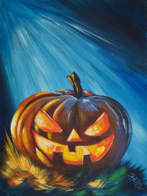 Halloween Canvas Paintings, The Art Sherpa, Christmas Paintings On Canvas, Easy Art, Halloween Painting, Spooky Pumpkin, Autumn Painting, Night Painting, Halloween Pictures