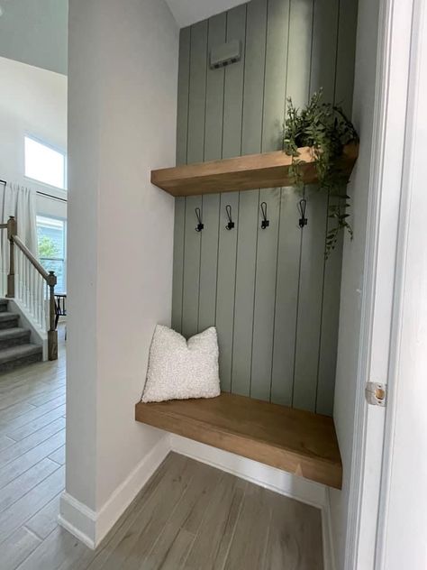 Backdoor Entry Into Laundry Room, Small Hallway Bootroom, Small Entry Mudroom Entrance, Mudroom Nook Entryway, Extra Small Mudroom Ideas, Mudroom Ideas Simple, Small Mudd Rooms, Small Front Entrance Closet Ideas, Small Built In Drop Zone