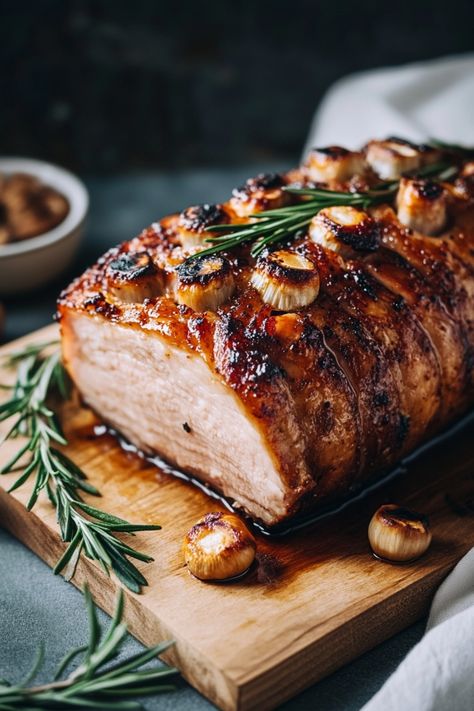 Roasted pork loin garnished with rosemary and garlic on a wooden cutting board. Pork Loin Asian Recipes, Thanksgiving Pork Loin Recipes, Pork Loin Rib Roast Recipes, Loin Of Pork Recipes, Pork Loin Sirloin Roast, Roasted Pork Loin Recipes, Pork Tender Loin Recipes, Sides For Pork Loin, Porkloin Dinner Recipes