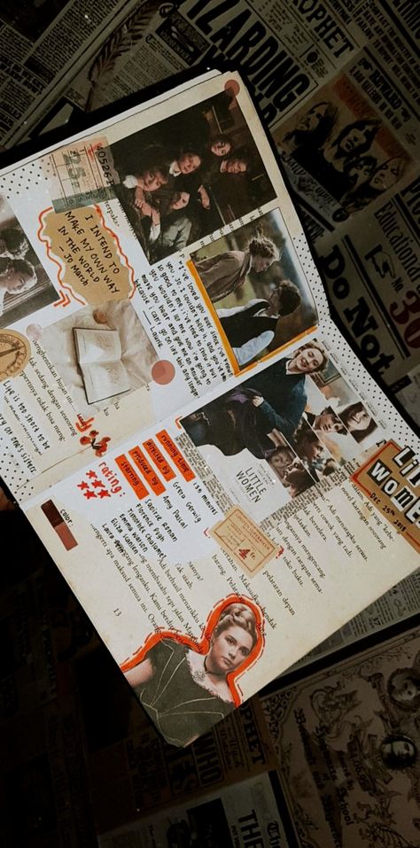 Woman Journaling Photo, Tv Scrapbook Ideas, Film Scrapbook Ideas, Book Journal Collage, Little Women Journal Page, Movies Journal Page, Movie Journal Aesthetic, Movie Scrapbook Ideas, Me Page Journal