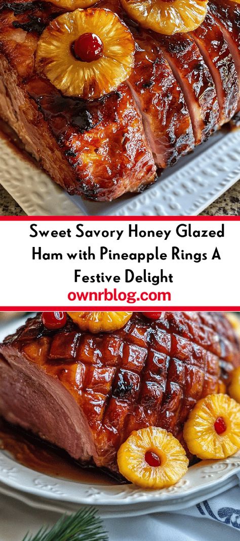 Bring a touch of sweetness and tradition to your holiday gatherings with this delicious Honey Glazed Ham with Pineapple Rings. This festive centerpiece features a perfectly caramelized ham, drizzled with honey and adorned with juicy pineapple rings, making it a feast for both the eyes and taste buds. The recipe is simple enough for any cook, combining rich flavors of honey, brown sugar, and warm spices for an unforgettable dish. Perfect for family celebrations, potlucks, or dinner part Honey Glazed Pineapple Ham, Honey Glazed Ham With Pineapple, Pineapple Glaze Ham, Pineapple Honey Glazed Ham Recipe, Pineapple Rings Recipes, Glazed Ham Recipes Pineapple, Ham Pineapple Recipes, Pineapple Ham Recipes, Ham And Pineapple Recipes