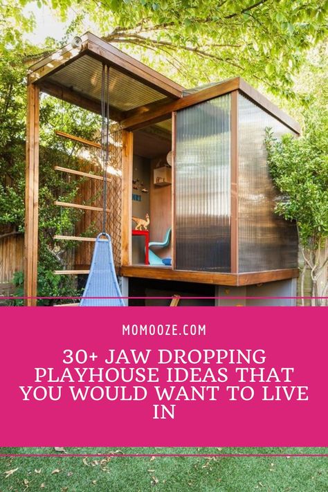 The boys had treehouses to play in. Why can’t girls who don’t play with dolls get the same, right? Well, you’re about to be convinced to build your kids their very own playhouses.Check out these inspirations and get your carpenter ready. #playhouse #treehouse #garden #kidsgames Fun Playhouse Ideas, Kids Play Fort Outdoor, Playhouse To Greenhouse, Garden Playhouse Ideas, Shipping Container Playhouse, Diy Playhouse For Kids, Playhouse Floor Plans, How To Build A Play House For Kids, Kid Forts Outside