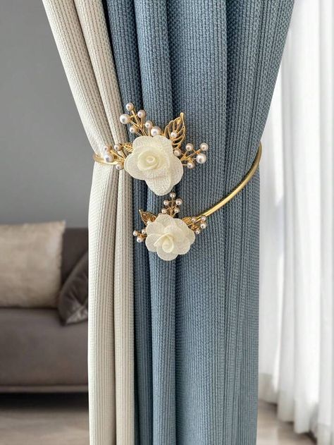 Curtain Fabrics Living Room, Curtain Ring, Flower Curtain, Pearl Decor, Curtains With Rings, Curtain Tie Backs, Office Kitchen, Curtain Accessories, Curtain Decor