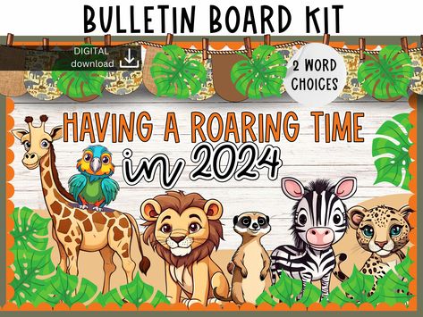 Safari bulletin board | January classroom Decor | new year Bulletin Board | Jungle classroom display | Animal bulletin board | Easy bulletin by SlidesAndStyle on Etsy Zoo Bulletin Board, Animal Bulletin Board, Safari Bulletin Boards, New Year Bulletin Board, Jungle Classroom, January Classroom, Classroom Display, Banner Letters, Word Choice