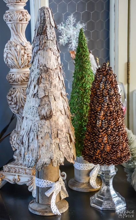 Birch Bark and Pine Cone Trees - TheNavagePatch.com Bark Diy Projects, Pine Cone Trees, Tree Bark Crafts, Birch Wood Crafts, Cone Topiary, Birch Bark Crafts, Birch Craft, Pine Cone Tree, Trees Diy