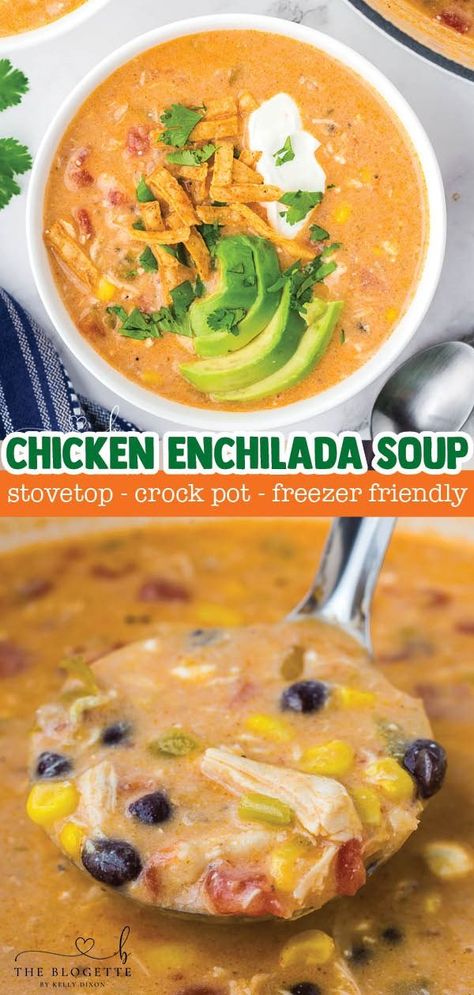 Chicken Enchilada Soup can be served as a fun appetizer, side dish, or light dinner! This delicious chicken enchilada soup is thick, creamy, cheesy, and ready in just 20 minutes (stovetop or crock pot-friendly recipe!). Add fun toppings like tortilla chips, sliced avocado, a dollop of sour cream, fresh cilantro, and more – it’s SO delicious! Chicken Enchilada Soup Stovetop, Crock Pot Soup Recipes, Chicken Enchilada Soup Crock Pot, Slow Cooker Soup Recipes, Chicken Enchilada Soup Recipes, Sliced Avocado, Delicious Slow Cooker Recipes, Cream Fresh, Chicken Enchilada Soup