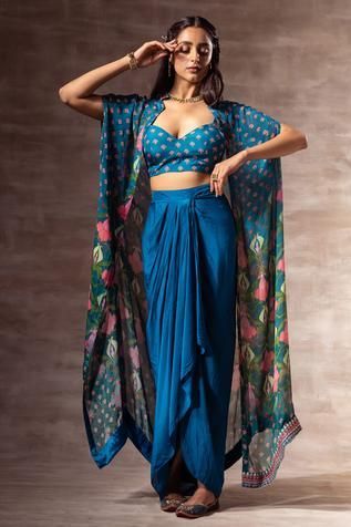 Shop for Ruhr India Blue Chiffon Floral Print Crop Top And Draped Skirt Set for Women Online at Aza Fashions Cape For Women, Lotus Print, Floral Print Crop Top, Strappy Crop Top, Draped Skirt, Indian Dress, Party Wear Indian Dresses, Crop Top Outfits, Asymmetrical Skirt