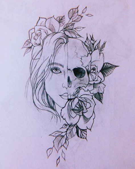 Half Skull Tattoos For Women, Half And Half Skull Tattoo, Line Tattoo Sleeve Woman, Skull And Face Tattoo, Half Woman Half Skull Tattoo Design, Half Women Half Skull Tattoo, Two Faced Woman Tattoo, Half Skull Half Woman Face Tattoo, Gemini Skull Tattoo