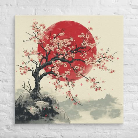 Transform your space with this captivating canvas print featuring a Japanese cherry blossom tree (sakura) against a dramatic red moon backdrop. This beautiful artwork showcases the delicate beauty of a cherry blossom in full bloom, with soft pink petals that contrast vividly with a striking red moon, creating a mesmerizing blend of tranquillity and intensity. Inspired by traditional Japanese art, this piece evokes the serene yet powerful essence of nature, bringing a touch of elegance and cultur Japanese Canvas Art, Japan Painting Easy, Japanese Art Cherry Blossom, Sakura Tree Art, Japanese Art Traditional, Japanese Cherry Blossom Art, Cherry Blossom Tree Art, Japanese Cherry Blossom Tree, Moon Backdrop