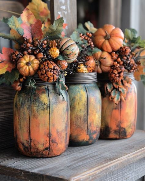 Fall Canning Jars Crafts, Mason Jar Design Ideas, Fall Dollar Store Diy, Chalk Paint Bottles, Fall Painted Mason Jars, Decorated Mason Jars Diy, Fall Crafts With Mason Jars, Fall Jars Decorations, Easy Mason Jar Centerpieces