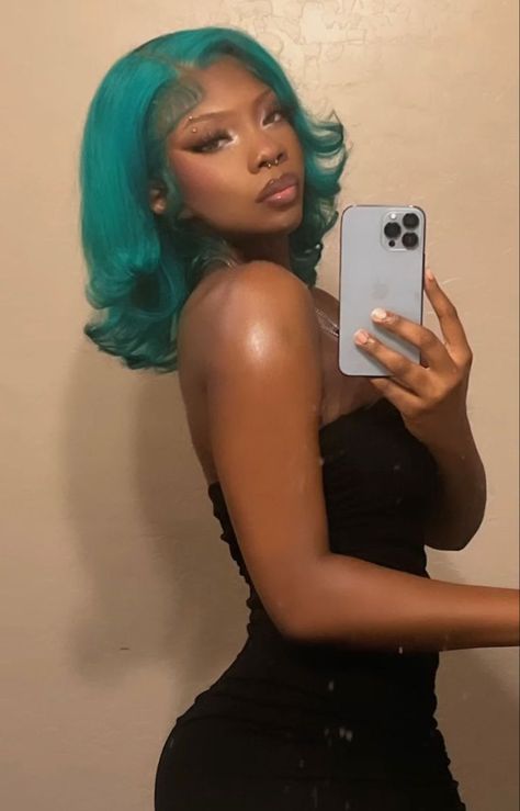 Bright Colors On Black Women, Teal Color Hair, Bright Hair Colors Black Women, Dark Teal Hair Black Women, Colored Hair Styles For Black Women, Teal Natural Hair Black Women, Silver Natural Hair, Brown And Blue Hair Black Women, Short Green Hair Black Women