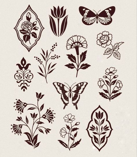 Art Nouveau Tattoo Flash, Mexican Tile Art Tattoo, Small Folk Art Tattoo, Small Ornamental Tattoo Placement, Ornate Flower Tattoo, Swedish Inspired Tattoo, Folk Art Style Tattoo, Small Filler Tattoo Ideas Traditional, Folk Art Butterfly Tattoo