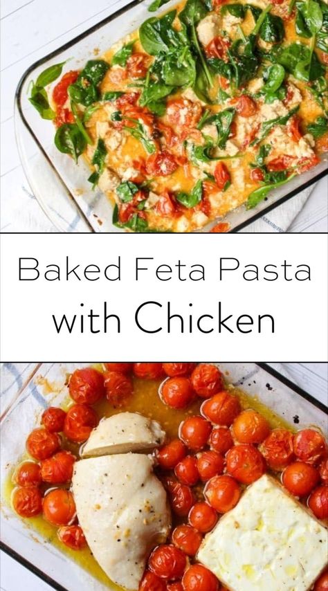 This baked feta pasta is the best comfort meal, made with cherry tomatoes, with chicken, and fresh spinach. Inspired by the TikTok feta pasta trend, it’s a healthy feta pasta option for easy healthy week night dinners. Try this viral feta and tomato pasta twist with chicken feta pasta for added protein! Healthy Week Night Dinners, Feta Pasta With Chicken, Chicken Feta Pasta, Feta And Tomato Pasta, Tiktok Feta Pasta, Week Night Dinners, Tomato Pasta Bake, Chicken Feta, Antipasto Pasta Salads