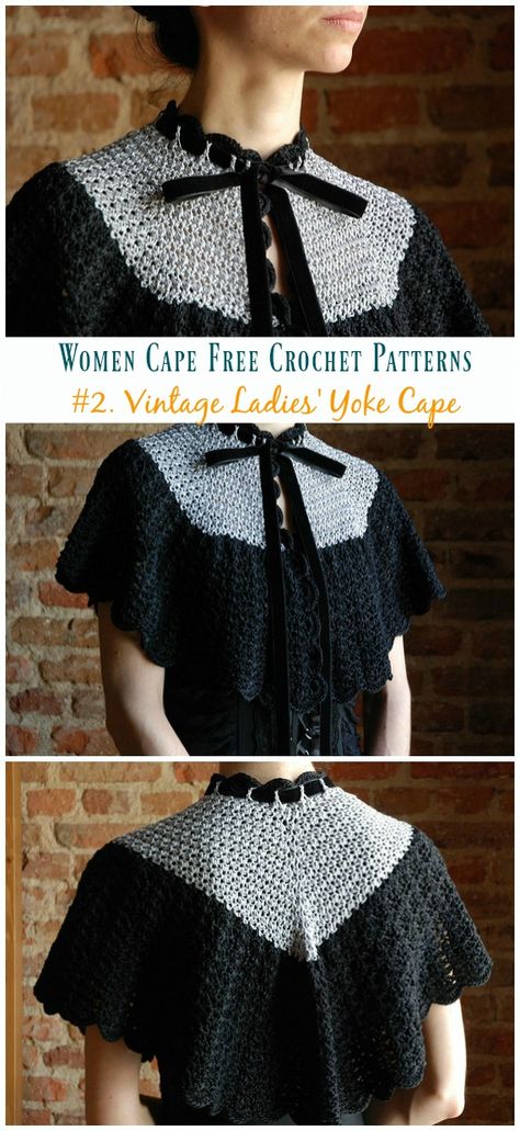 Vintage Ladies' Yoke Cape Crochet Free Pattern - Women #Cape; Free #Crochet; Patterns Crochet Vintage Shawl, Historical Crochet Patterns, Vintage Crochet Ideas, Knitted Cape Pattern Free, Crochet Lace Collar Pattern Free, Cottagecore Knitting Patterns, Vintage Crochet Patterns Free, Collar Crochet Pattern, Crochet Capelet Pattern