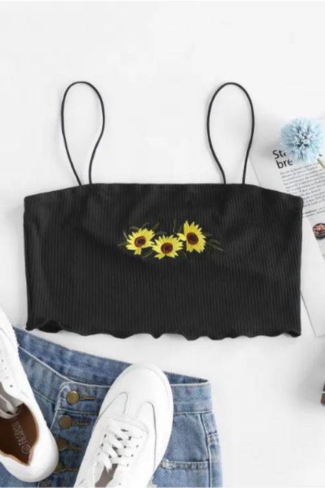 Sunflower Clothes, Tank Top Embroidery, Sunflower Stuff, Slim Tummy, Hslot Outfit, Hslot Outfit Ideas, Sunflower Embroidery, Diy Outfits, Crop Cami Top